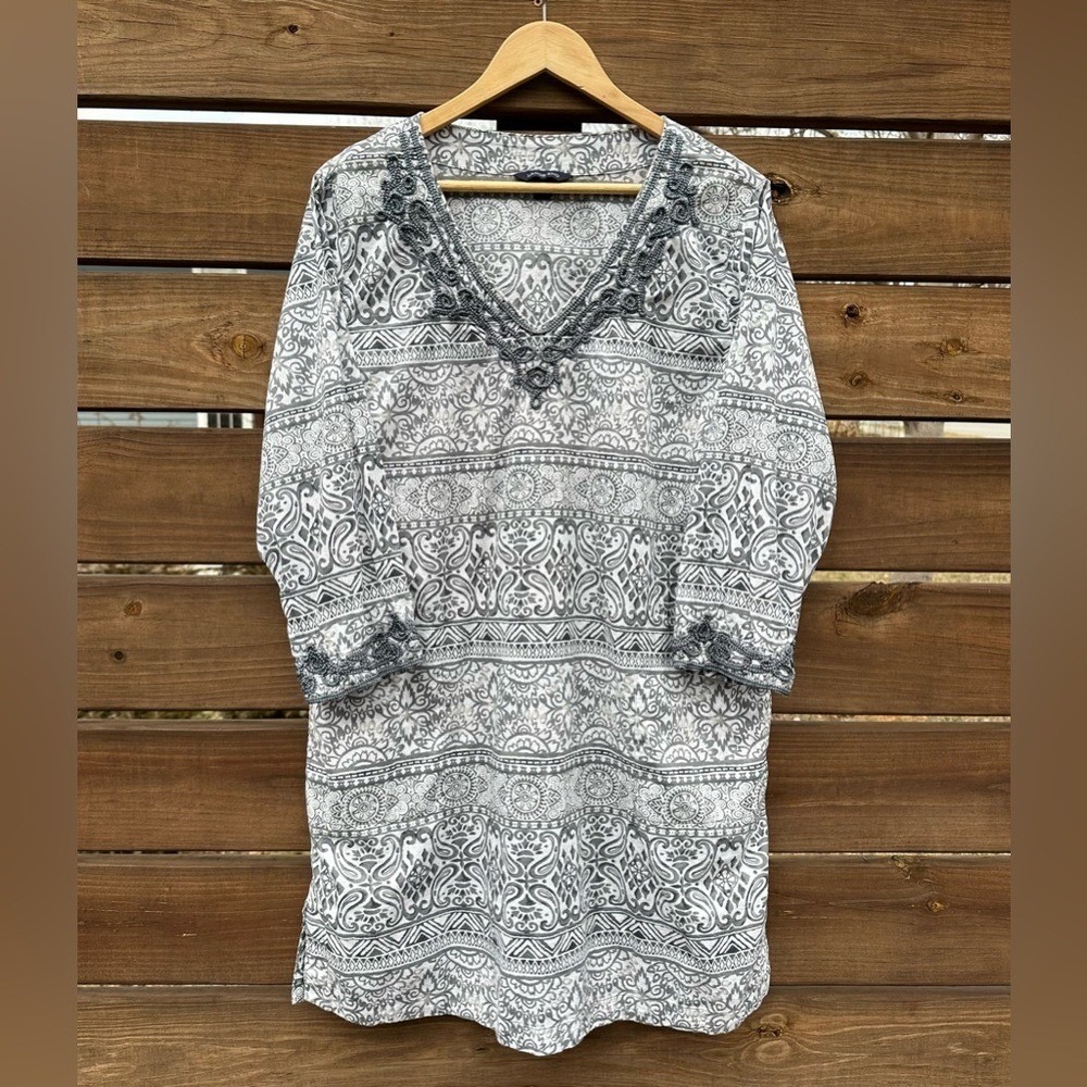Lands' End Women's 3/4 Sleeve Tunic Cover Up Embroidered Detail Shirt Dress